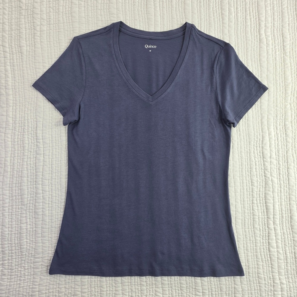 Quince Storm Blue Cotton Modal V-Neck Tee Short Sleeve Shirt Medium EUC Top